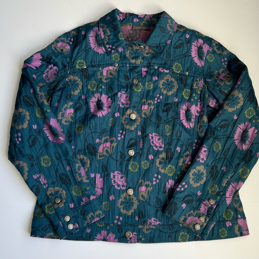 Multiple Color Flower Print Jacket, Size L. - image 1